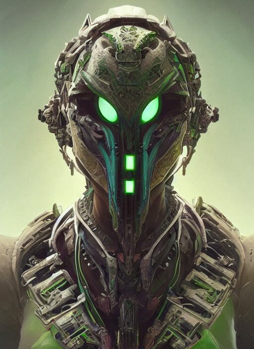 symmetry!! portrait of green alien in the style of horizon zero dawn, machine face, intricate, elegant, highly detailed, digital painting, artstation, concept art, smooth, sharp focus, illustration, art by artgerm and greg rutkowski and alphonse mucha, 8 k 