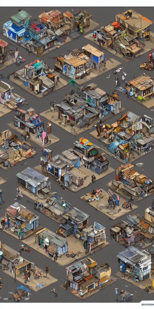 junkyard slum houses and shops. pixel art asset sheet. isometric perspective. concept art. science fiction. 