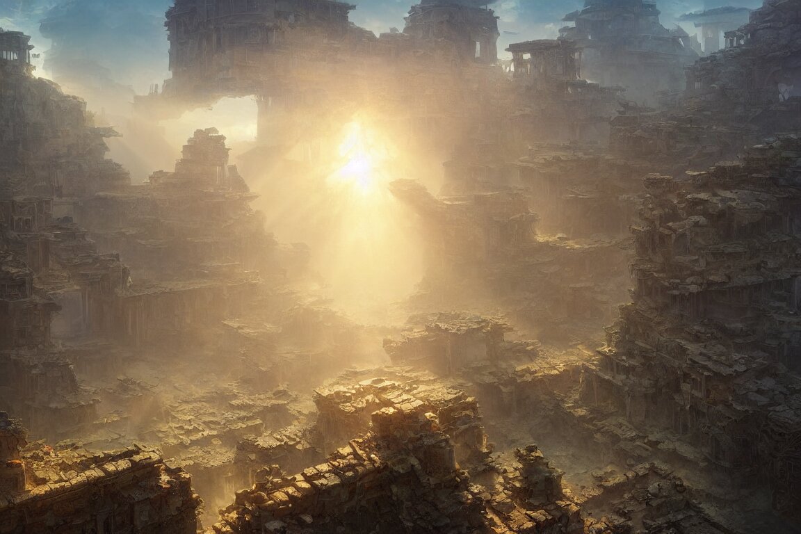 sunbeams shining through underwater city ruins, oil painting, concept art, filip hodas, john howe, mike winkelmann, jessica rossier, andreas rocha, bruce pennington, 4 k, 