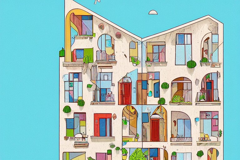 a beautiful flat 2 dimensional illustration of a cross section of a house, view from the side, a storybook illustration by muti, colorful, minimalism, featured on dribble, unique architecture, behance hd, dynamic composition 