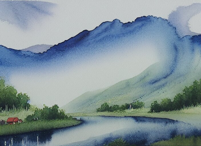 A detailed watercolor painting of misty morning landscape, detailed, ballpoint pen ink combined with watercolor