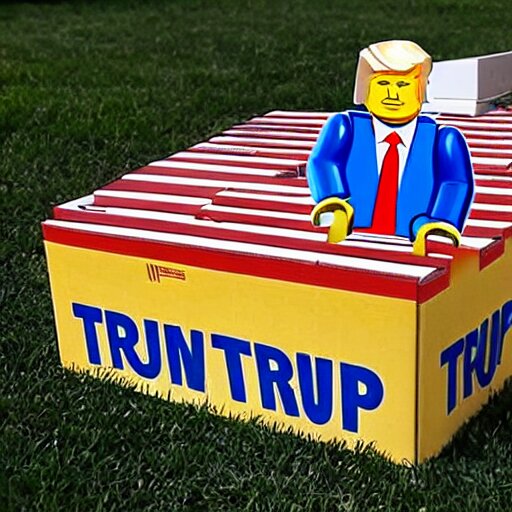 lego donald trump with cardboard box outside mar - a - lago, wide shot, lego, 