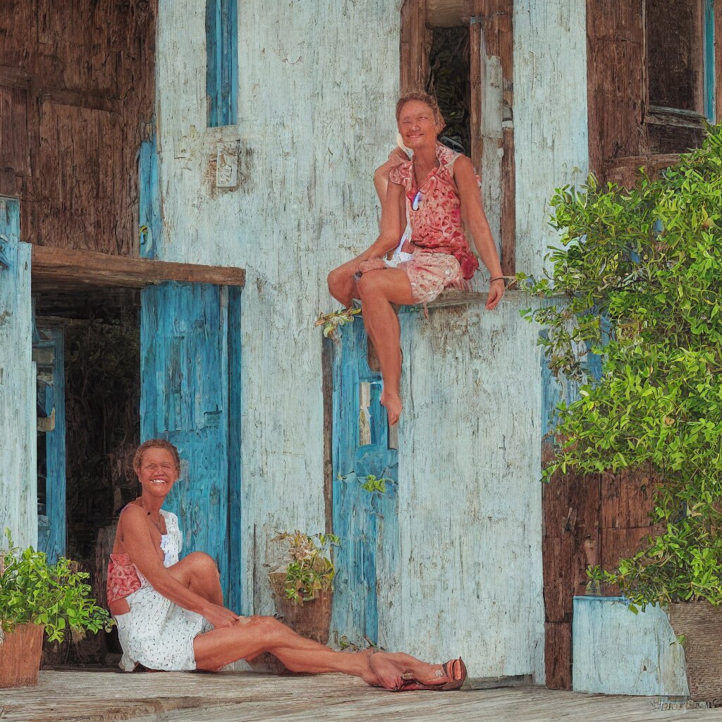 a beautiful woman with freckles sitting on the porch, caribbean, digital art