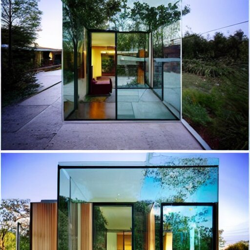 a house made entirely of glass. glass furniture, glass walls, glass ceiling, glass floor, glass decor, glass people 