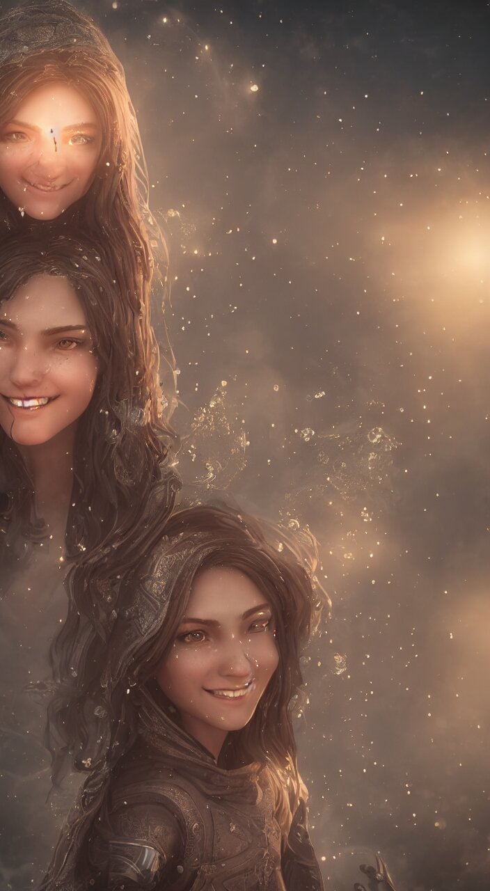 Teenage female Mage, outdoors lighting, astral background, symmetrical face and body, confident, smile, detailed moisture, detailed droplets, detailed intricate hair strands, DSLR, ray tracing reflections, eye reflections, focused, unreal engine 5, vfx, post processing, post production, Arcane Style, 8k