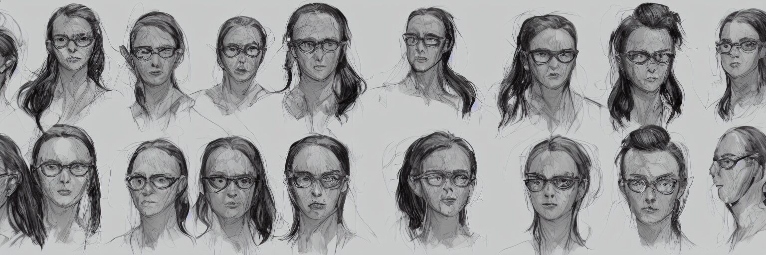 character study of female adolf hitter, evil woman, glasses, clear faces, emotional, character sheet, fine details, concept design, contrast, kim jung gi, francis bacon and jenny saville, trending on artstation, 8 k, full body and head, turnaround, front view, back view, ultra wide angle 