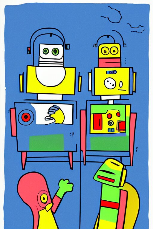 an illustration of robots watching tv in the style of goodnight moon by margaret wise brown 