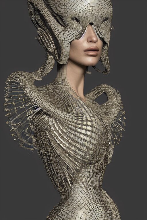 a highly detailed 3 d render painting of a beautiful alien goddess bella hadid in iris van herpen dress schiaparelli in diamonds in style of alphonse mucha trending on artstation made in unreal engine 4 