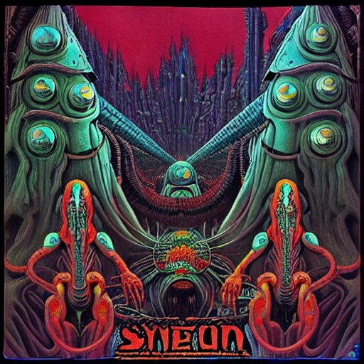 stoner metal album cover in the style of wayne barlowe and  kenny scharf and philippe druillet, realistic, insanely detailed, intricate, smooth, airbrush, play-doh