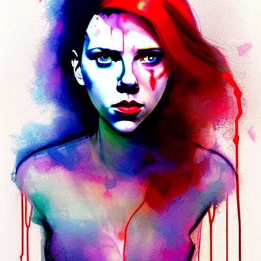 phil noto, pretty scarlett johansson black widow, symmetrical eyes, long red hair, full body, by agnes cecile and moebius and envi bikal, very luminous design, pastel colours, ink drips, autumn lights 