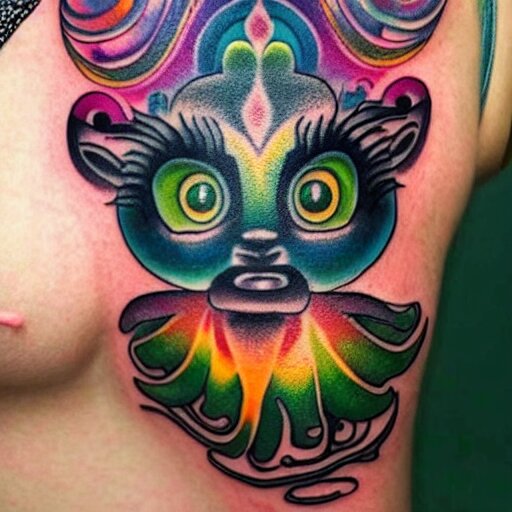 shoulder tattoo of a meditating cute bush baby, eyes are sparkeling rainbow spirals, glowing multicolored chakra symbols, surrounded with colorful lotus leaves, insanely integrate 