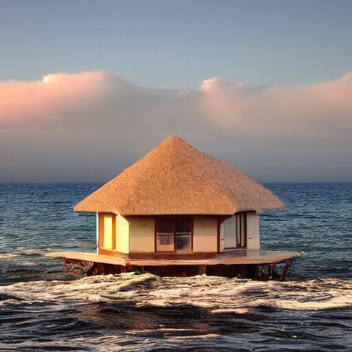 a mountain and the sea, a little house in the middle of the sea 