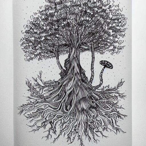 black and white ink doodle illustration of an ancient tree floating in outer space, overgrown with funghi, style by peter deligdisch, peterdraws 