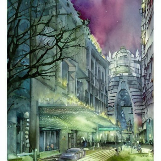 Beautiful happy picturesque charming sci-fi city in harmony with nature. Nice colour scheme, soft warm colour. Beautiful detailed watercolor by Lurid. (2022)