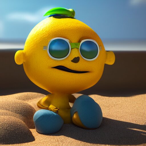 a supercute lemon cartoon character, that is fit and good looking, it's is relaxing on a beach, inspired by dalle - 2, octane render, 3 d, volumetric lightening, 