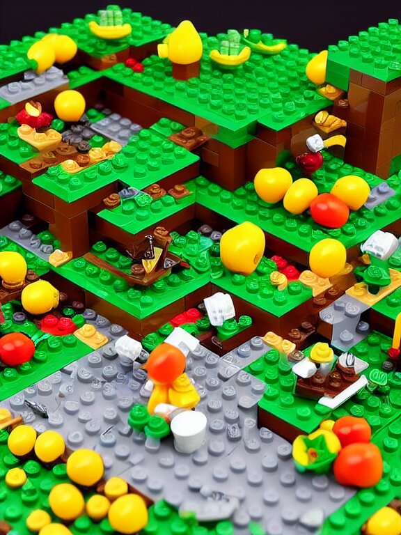 miniature isometric lego diorama of fruit forest 