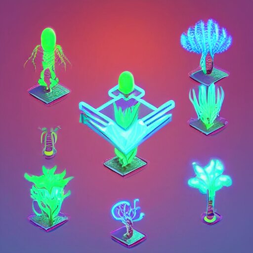 concept 2 d game asset, isometric staircase blocks, organic isometric design, bioluminescent alien - like plants inspired by the james cameron's avatar's alien nature. we can see alien plants glowing in the dark arround the isometric itens has colorful neons cyan, orange mooth median photoshop filter cutout vector behance hd by jesper ejsing, by rhads, makoto shinkai and lois van baarle 