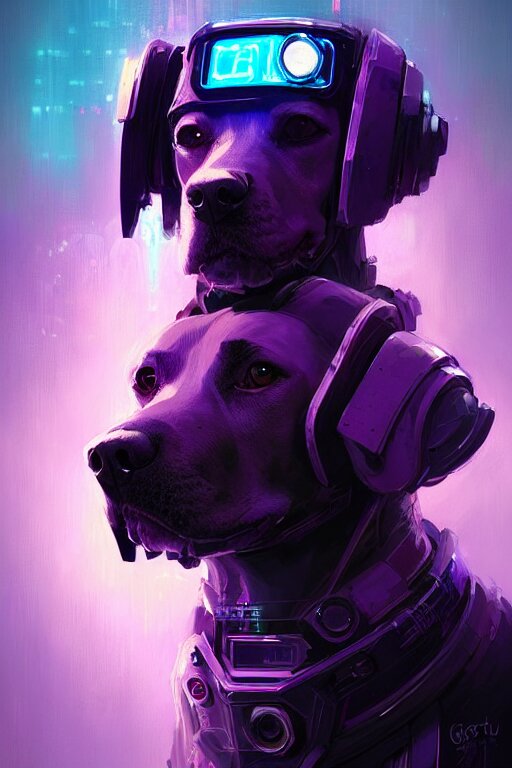 a beautiful portrait of a cute cyberpunk dog by greg rutkowski and wlop, purple blue color scheme, high key lighting, digital art, highly detailed, fine detail, intricate, ornate, complex 