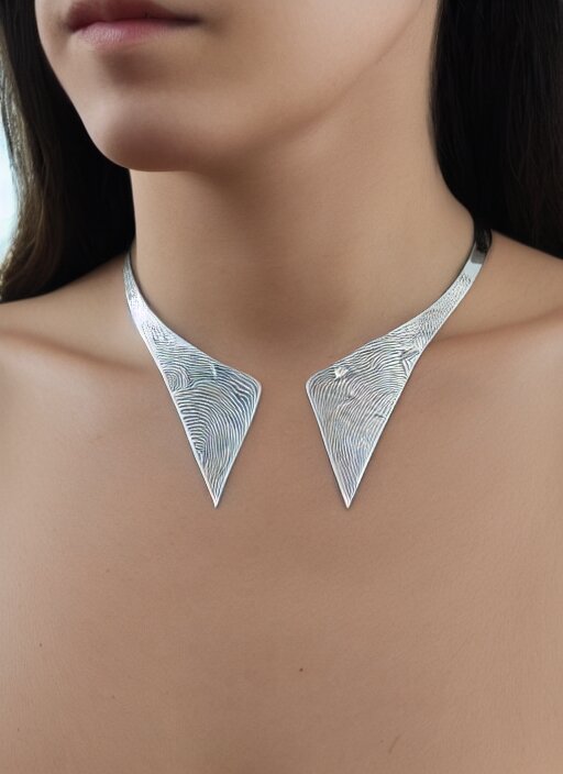 Amulet Of Wave inlaid in silver on a young beautiful woman neck, realistic, clean,