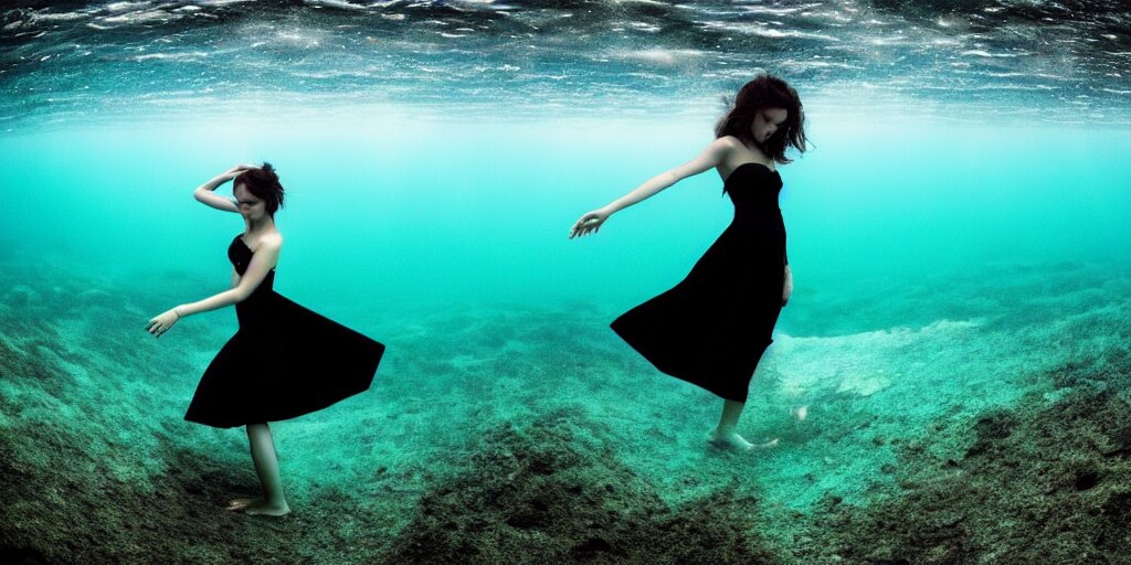 deep underwater photography of beautiful model in flat dress by emmanuel lubezki 