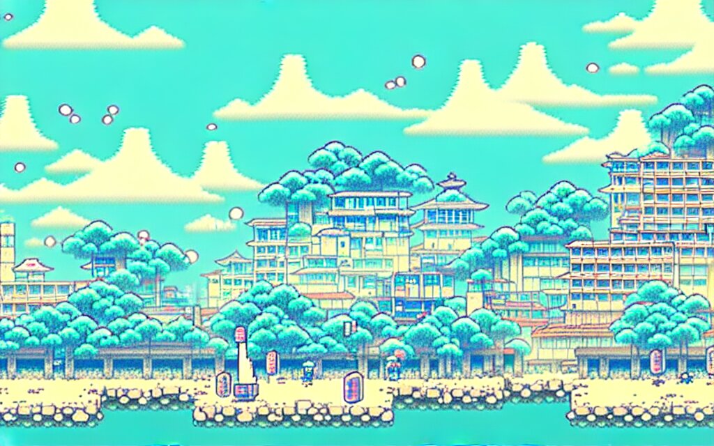 a japanese city near the sea, lofi, dreamy, moody, anime inspiration, ghibli vibe, pixelart 