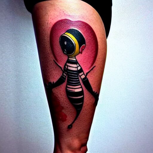 detailed tattoos in the style of bee movie on a female leg, crimson - black color scheme, wearing miniskirt, cinematic seductive lighting, beautiful composition 