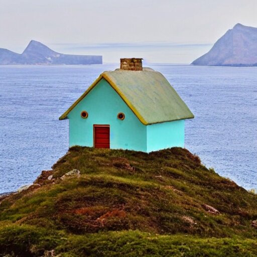 a mountain and the sea, a little house in the middle of the sea 