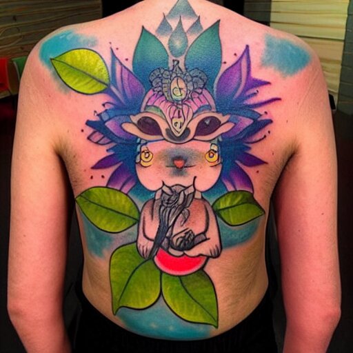 shoulder tattoo of a meditating cute bush baby, eyes are sparkeling rainbow spirals, glowing multicolored chakra symbols, surrounded with colorful lotus leaves, insanely integrate 