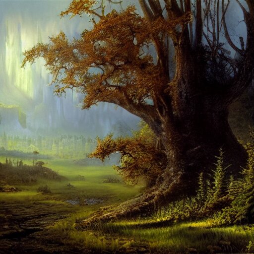 fortress in the misty woods, crisp, clear, matte oil painting, darrell k sweet, wallpaper 