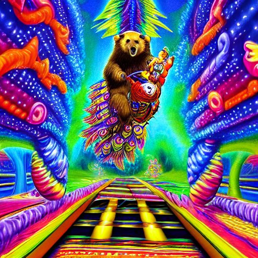 bear riding on a giant peacock through the realms of dmt mario cart race track, painted by lisa frank, alex grey and tim hildebrandt, hyper realism, highly detailed, lsd, psilocybin, sharp focus, sharp contrast, 8 k 