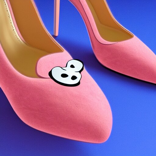 pink suede pumps shoes with slim heels and pointed toes with a happy mickey mouse depicted on it, photorealistic, transluscent, glass, beautiful, architecture, product design, clean, highly detailed, 8 k, ornate detail 