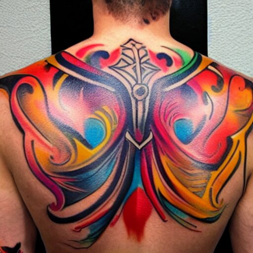 a picture of my new back tattoo of a muscular back, bright colorful ink 