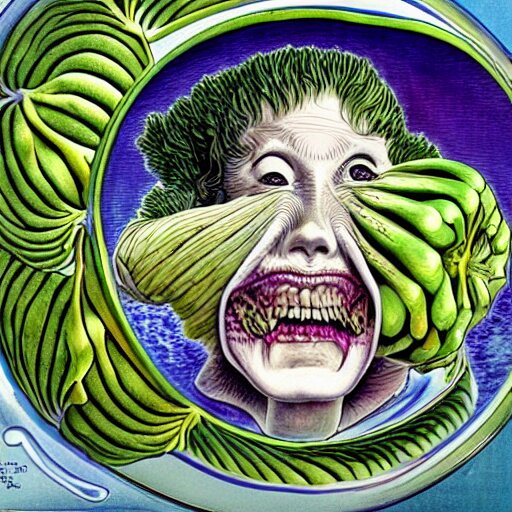 a beautiful plate of vegetables, by junji ito, by laurie lipton, by bernie wrightson, masterpiece, stunning, hyper realistic, lots of colours, 8 k 