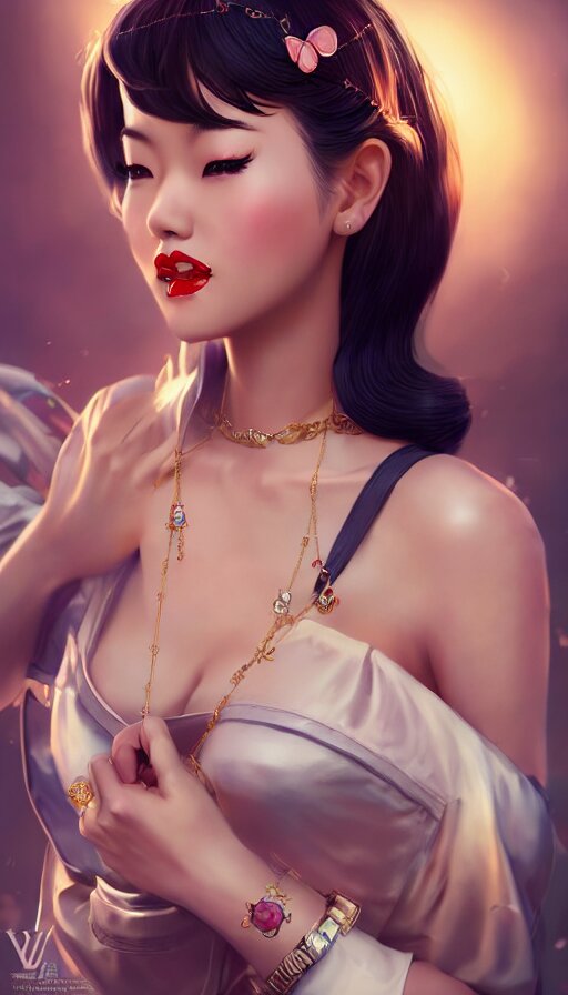 Red lips makeup and manicure nails. Retro Woman portrait. Beautiful  brunette girl with pin up hairstyle over dark background. Presenting your  jewelry product. Stock Photo