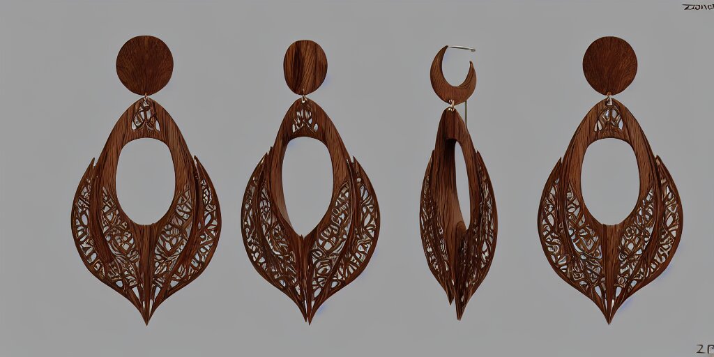 earring design, jewelry design, wood, nordic, art deco, intricate, elegant, material, product design, trending on artstation, cgsociety, photo realistic, design by ziva cph and isabel lennse and kalevala, 8 k, unreal engine, c 4 d 