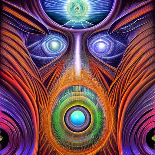 black void surrounding visions of the future by alex grey, award - winning, digital painting, hyperdetailed, cosmic 