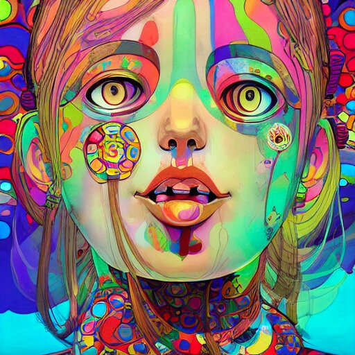 a psychedelic portait of a girl by takashi murakami,, beeple and james jean, aya takano color style, 4 k, super detailed, night sky, digital art, digital painting, celestial, majestic, colorful 