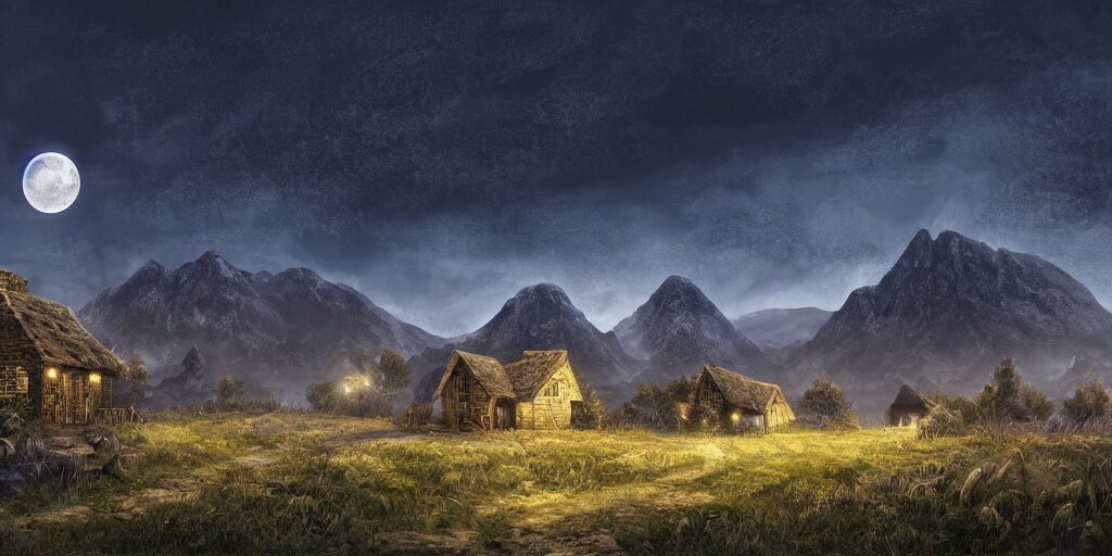 Skeleton infested fields with large mountains in the distance, small cottage in the foreground, nighttime, moon in the night sky, landscape wallpaper, d&d art, fantasy, painted, 4k, high detail, sharp focus