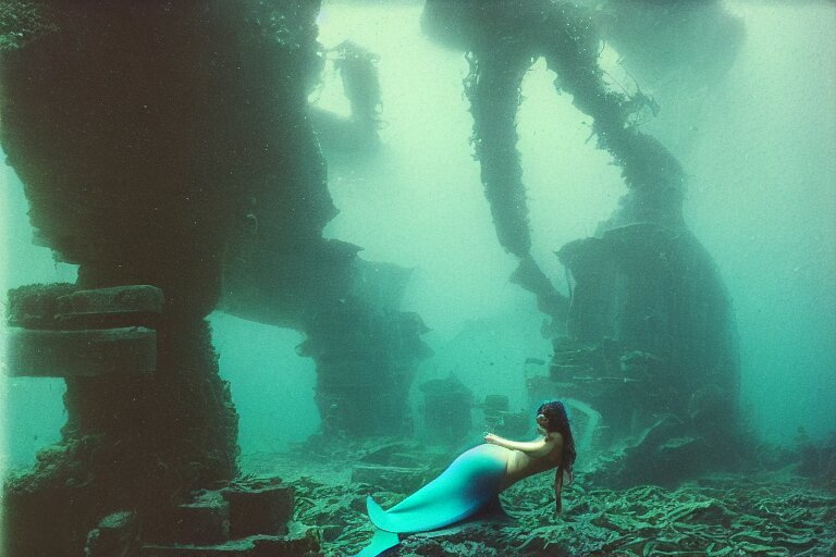 analog photograph of underwater ruins with a mermaid and kelp, deep azure tones, film grain, color bleed, bokeh, depth of field, by ansel adams, ruan jia