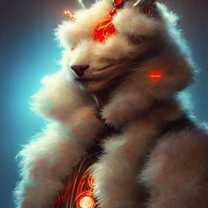 psychedelic fluffy furry animal cyborg, diffuse lighting, fantasy, intricate, elegant, highly detailed, lifelike, photorealistic, digital painting, artstation, illustration, concept art, smooth, sharp focus, art by John Collier and Albert Aublet and Krenz Cushart and Artem Demura and Alphonse Mucha