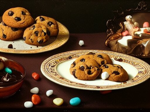 opulent banquet of plates of freshly baked chocolate chip cookies, jelly beans, chocolate sauce, marshmallows, highly detailed, food photography, art by rembrandt 