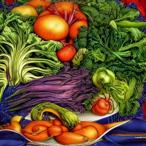 a beautiful plate of vegetables, by junji ito, by laurie lipton, by bernie wrightson, masterpiece, stunning, hyper realistic, lots of colours, 8 k 