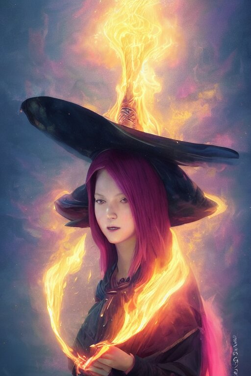 a fancy portrait of a beautiful dark magician girl with a large witches hat covered in colourfull flames by Greg Rutkowski, Sung Choi, Mitchell Mohrhauser, Maciej Kuciara, Johnson Ting, Maxim Verehin, Peter Konig, final fantasy , mythical, 8k photorealistic, cinematic lighting, HD, high details, atmospheric,