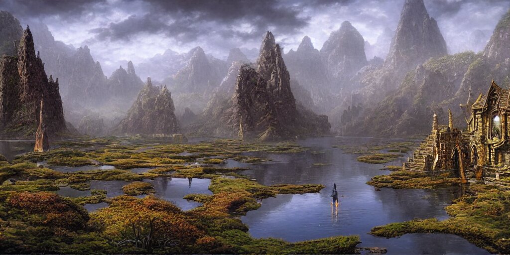 Fantastical open landscape by Ted Nasmith, elven city, pools of magical water, digital painting, concept art, landscape