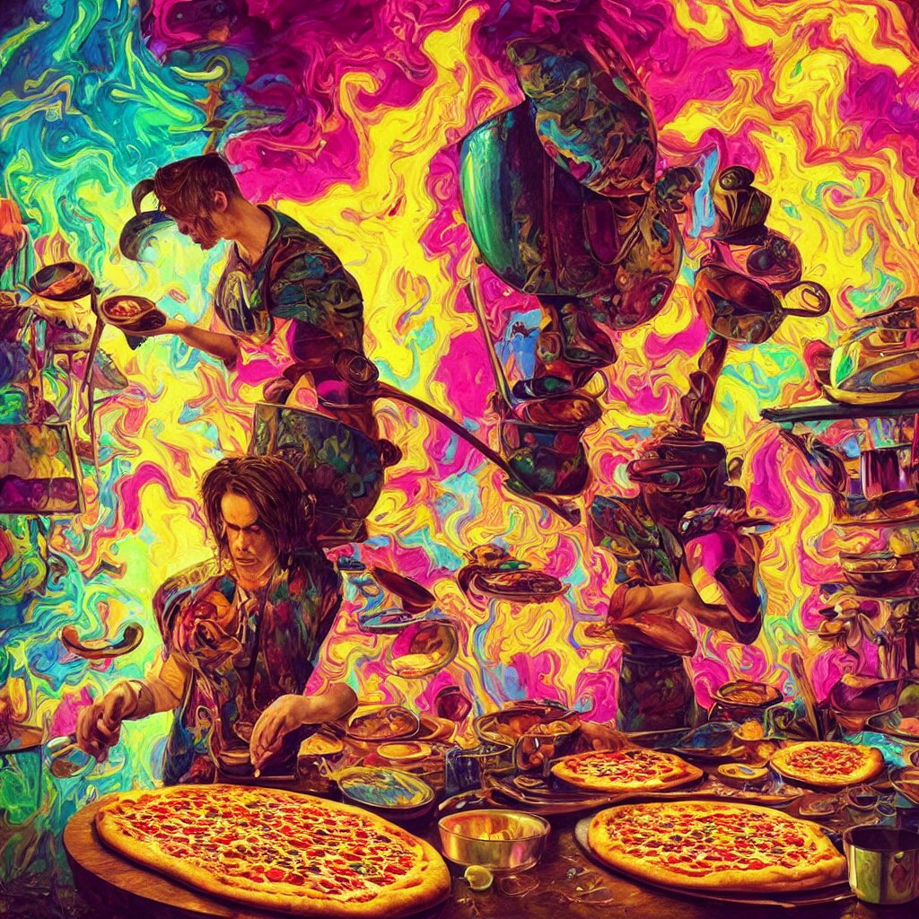 bright psychedelic portrait of_nick_cave_baking_a_pizza, diffuse lighting, fantasy, intricate, elegant, highly detailed, lifelike, photorealistic, digital painting, artstation, illustration, concept art, smooth, sharp focus, art by John Collier and Albert Aublet and Krenz Cushart and Artem Demura and Alphonse Mucha