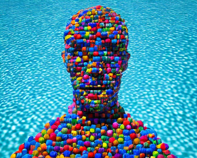 a long shot of a giant award winning sculpture made out of tons of hundreds of pool toys in the shape of a human head, on the surface of the ocean, in the style of chad knight, hyper detailed, hyper realistic, ray tracing, 8 k resolution, sharp focus, realistic water 