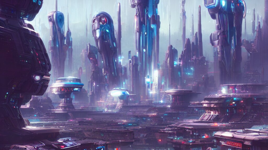 view along the retro robot city at the other end of the universe, sharp digital painting. retrofuturism. hyperrealistic. concept art. artstation. jim burns. brian sum 