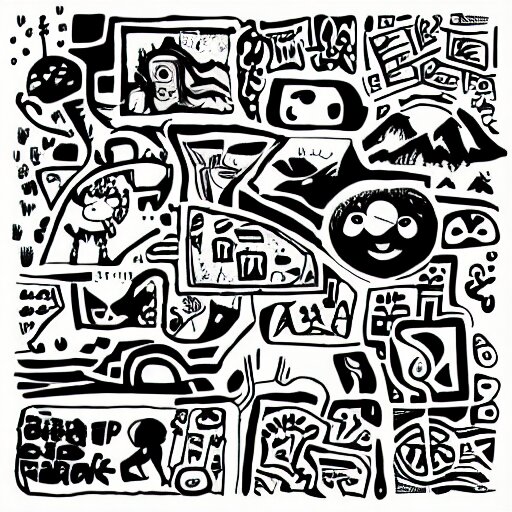 black and white composition of a variety of seperate doodles, drawings, faces, symbols, cartoons, lineart, cave drawing, silhouette, tattoo, chinese ink brush, app icon 