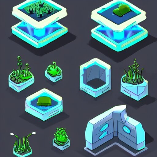 concept art 2 d game asset of furniture with an organic isometric design based on bioluminescent alien - like plants inspired by the avatar's bioluminescent alien nature. around the furniture, we can see plants that glow in the dark. all in isometric perspective and semi - realistic style item is in a black background 