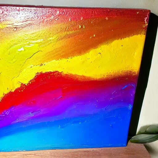 a pour painting on canvas, rainbow colors, abstract, thick paint, chunky paint, glossy, resin coated 